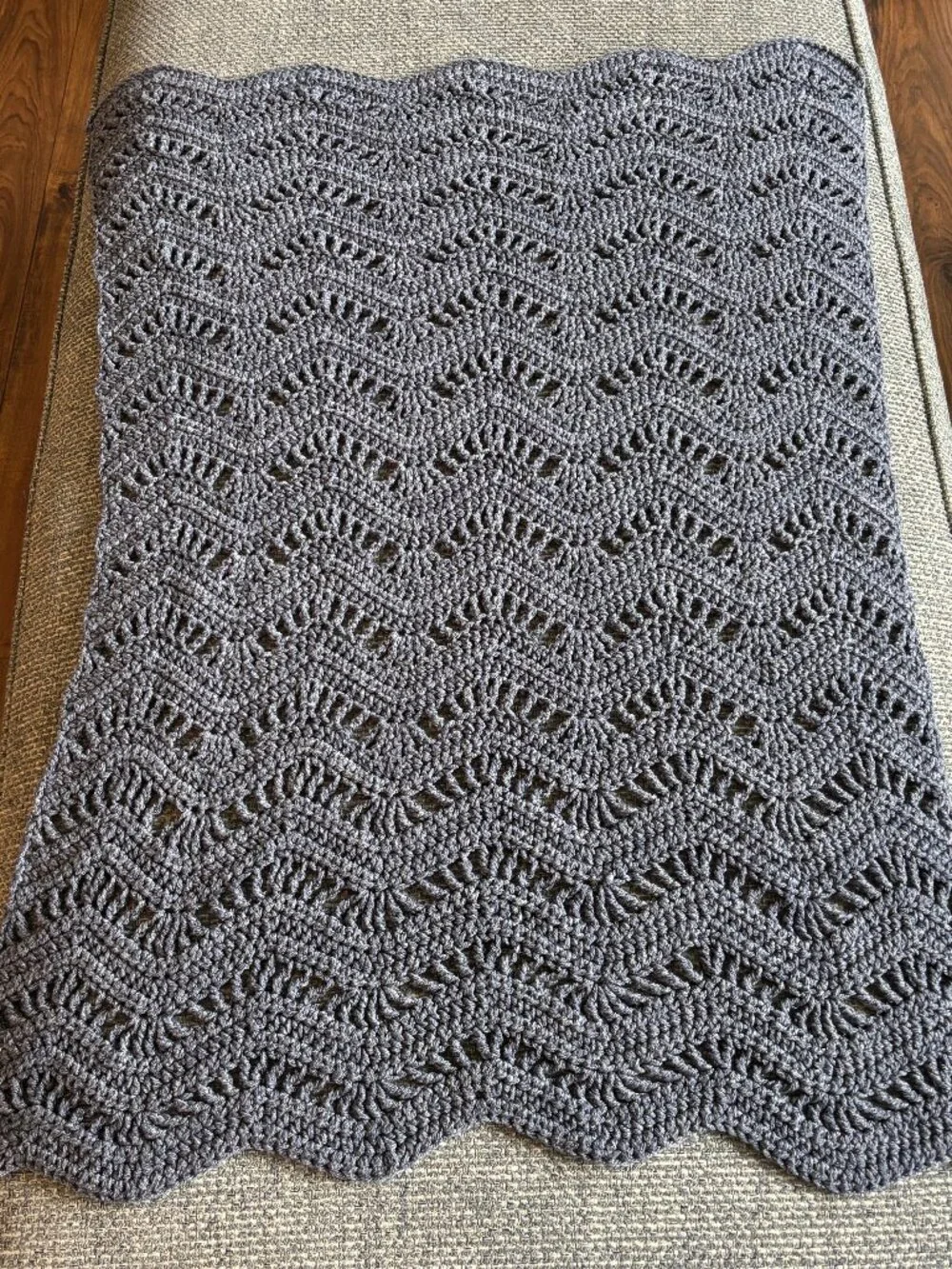 Handmade Blue Gray Baby Blanket Chevron Scalloped Edge 34x26 Infant Blanket
